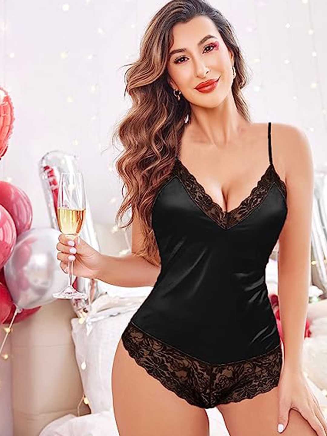 

new blue eyes Laced Shoulder Straps Baby Doll, Black