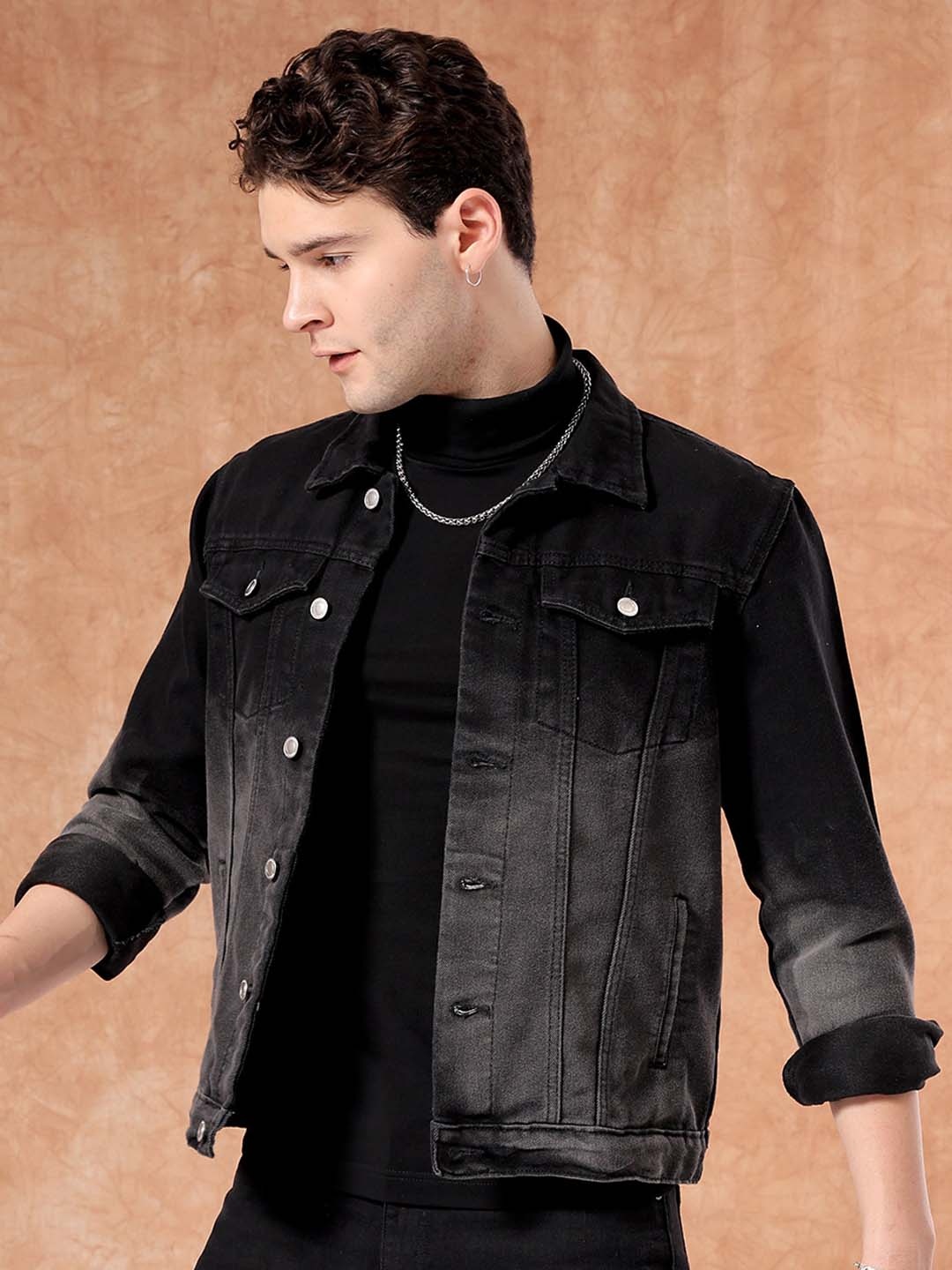 

The Indian Garage Co Spread Collar Washed Denim Jacket, Black