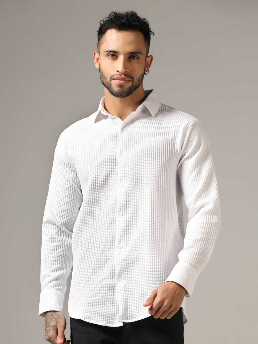 

GRECIILOOKS Classic Textured Self Design Long Sleeves Casual Shirt, White