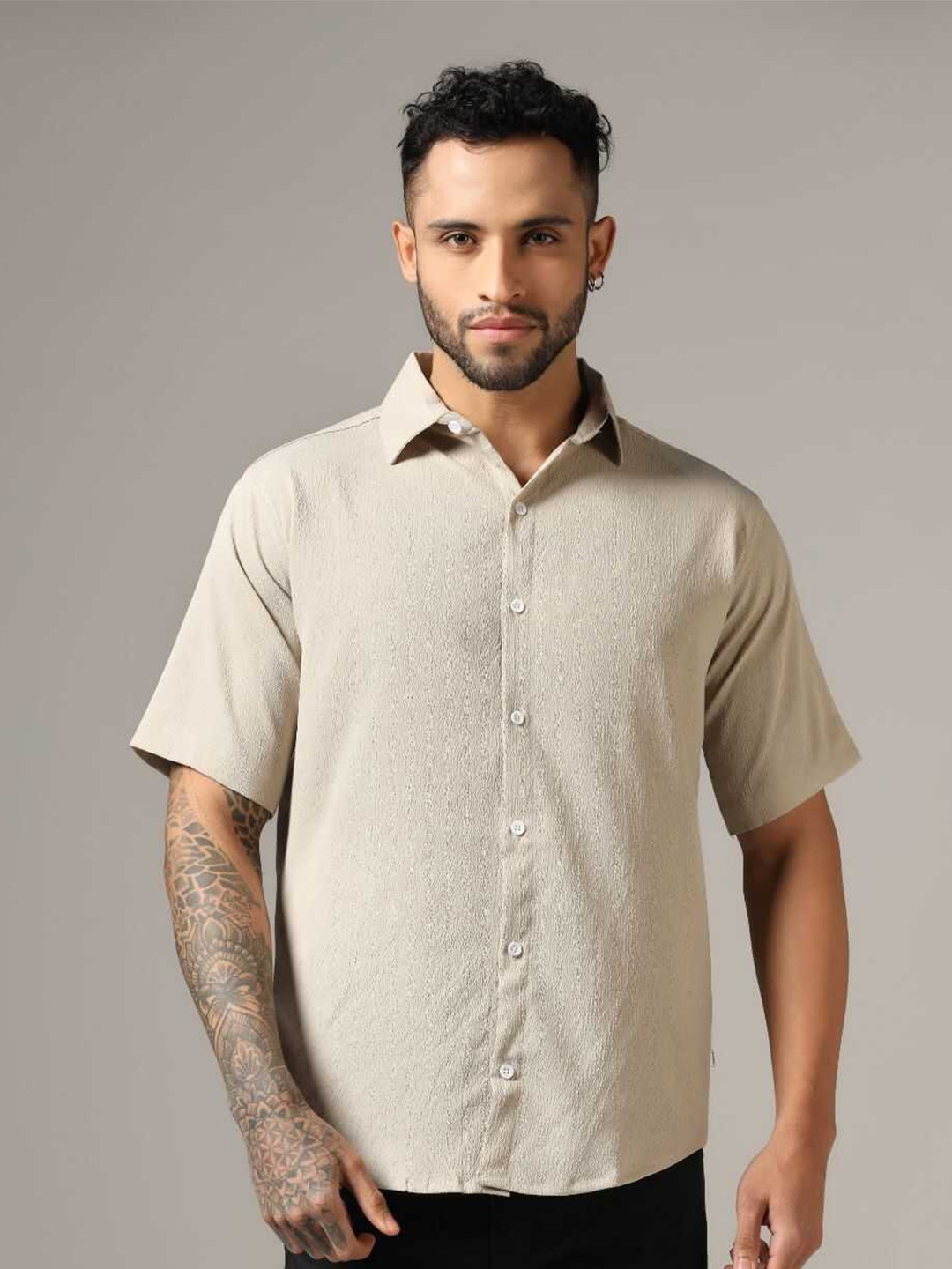 

GRECIILOOKS Classic Textured Self Design Short Sleeves Casual Shirt, Beige