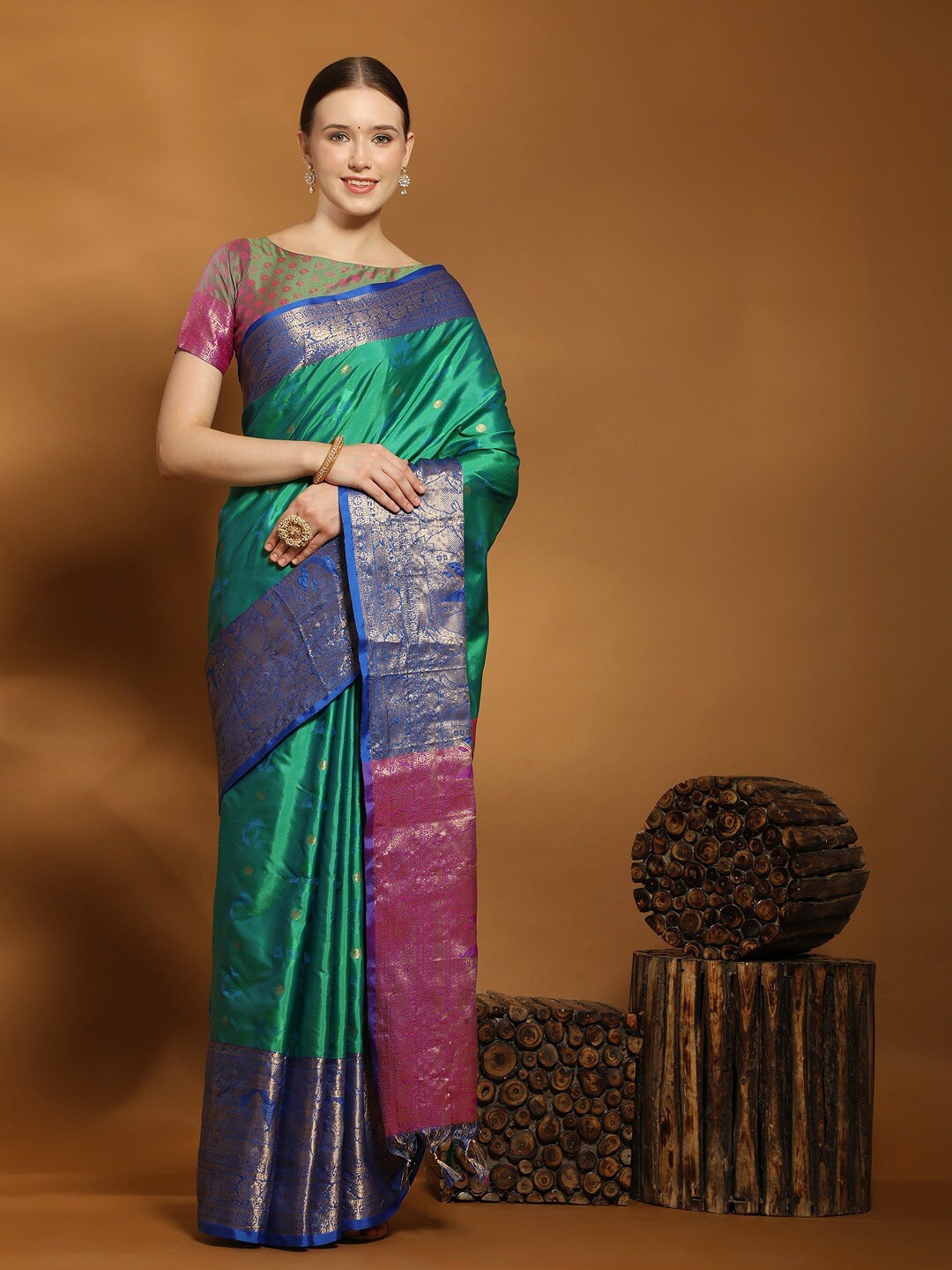 

Vilochan Woven Design Zari Art Silk Kanjeevaram Saree, Teal