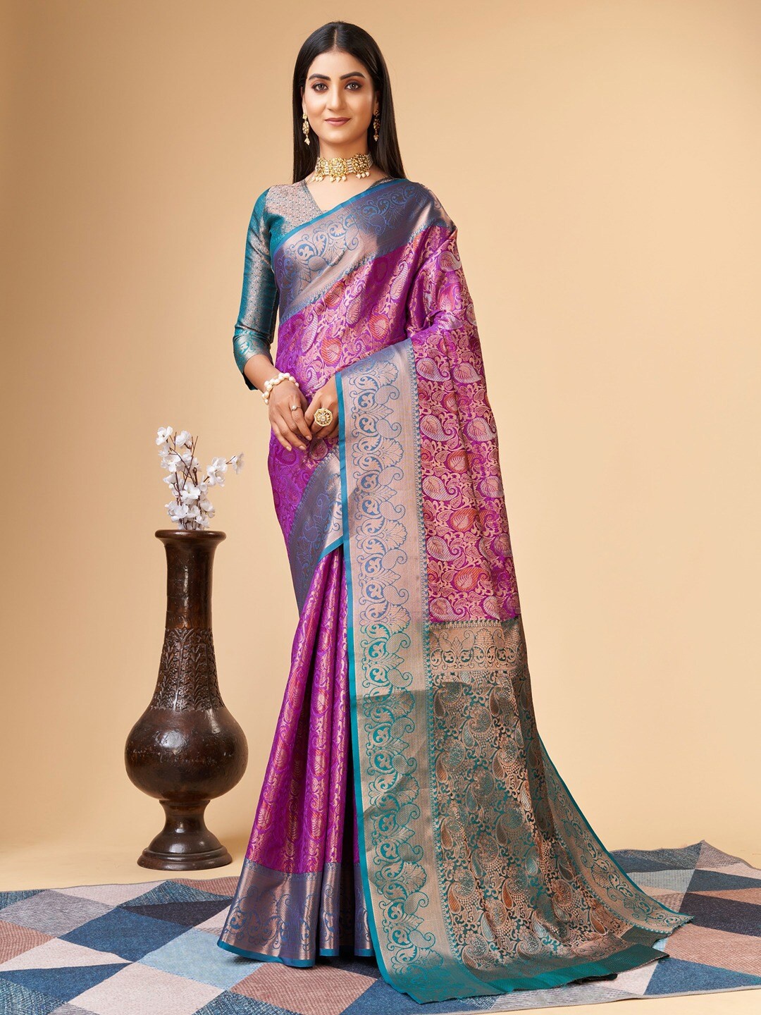 

Vilochan Ethnic Motifs Woven Design Zari Art Silk Banarasi Saree, Purple