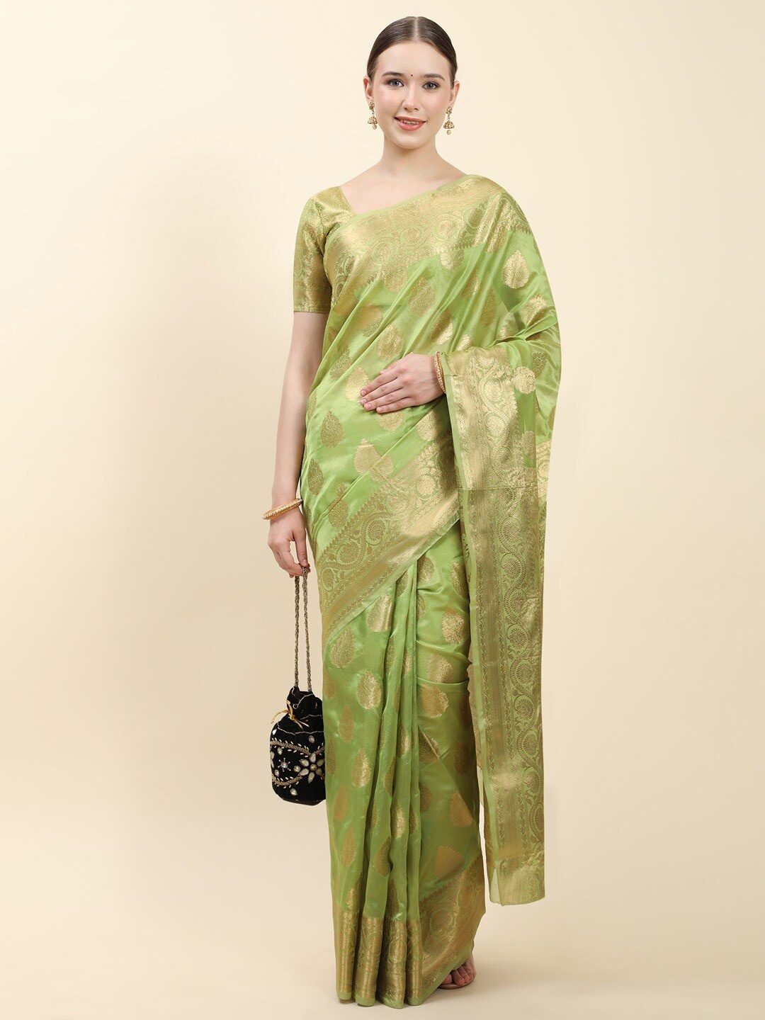 

Vilochan Ethnic Motifs Woven Design Zari Organza Banarasi Saree, Lime green