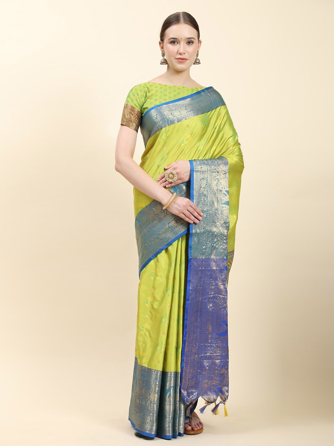 

Vilochan Floral Woven Design Zari Kanjeevaram Saree, Lime green