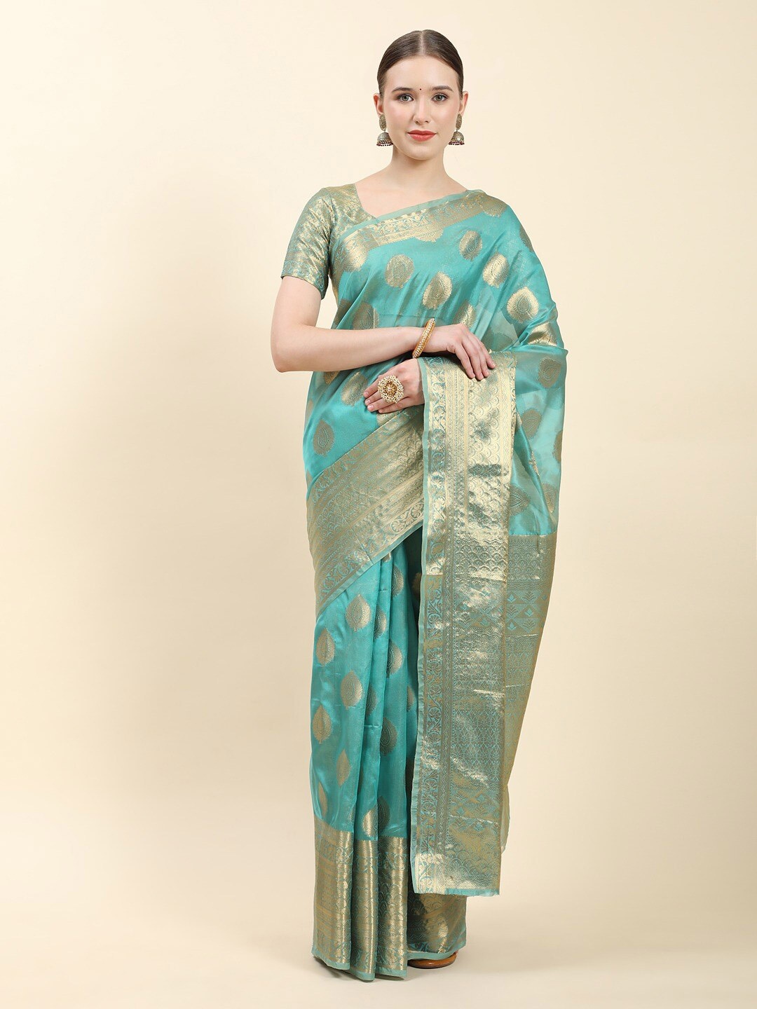 

Vilochan Ethnic Motifs Woven Design Zari Organza Banarasi Saree, Teal