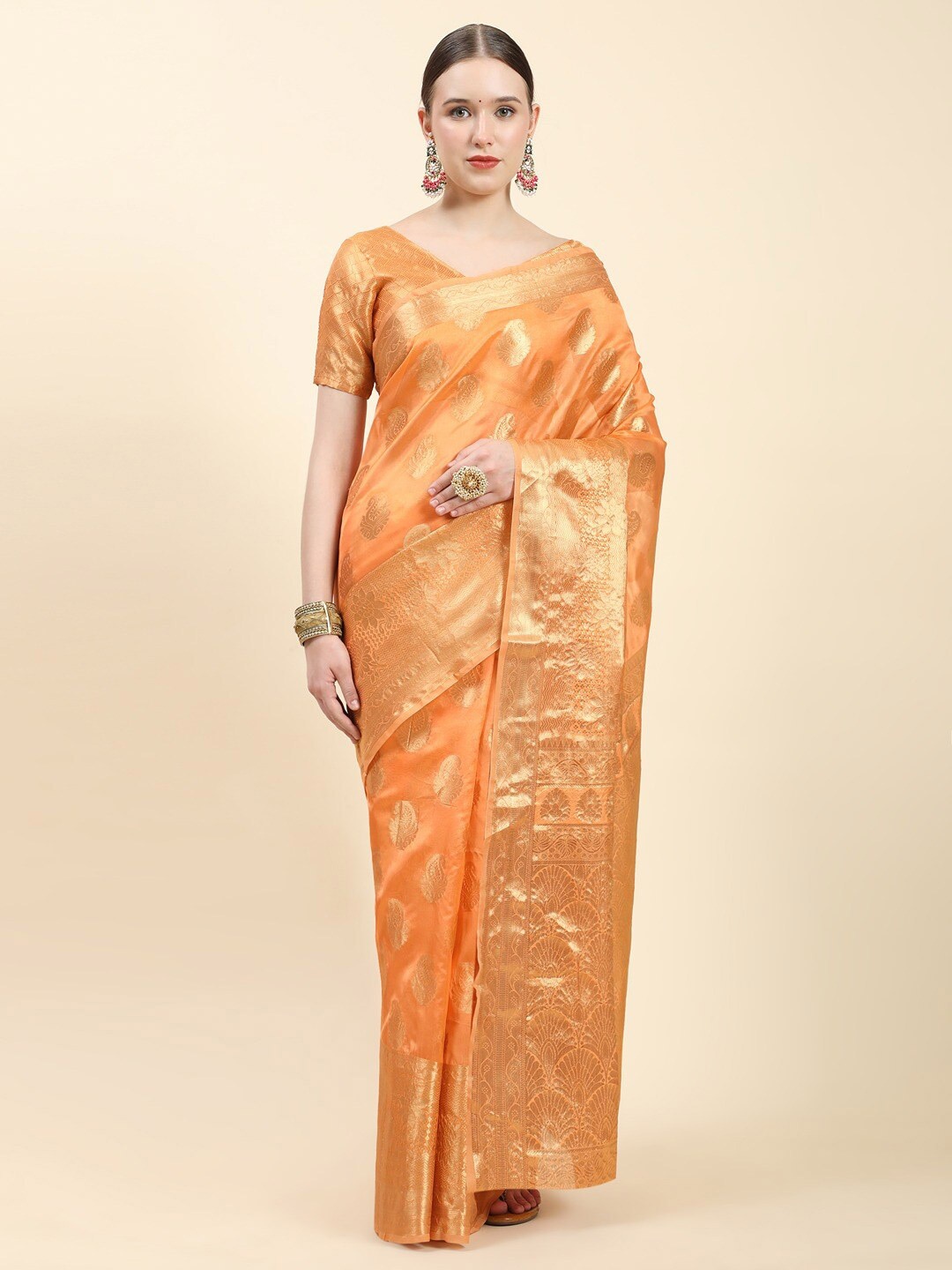 

Vilochan Ethnic Motifs Woven Design Zari Organza Banarasi Saree, Orange