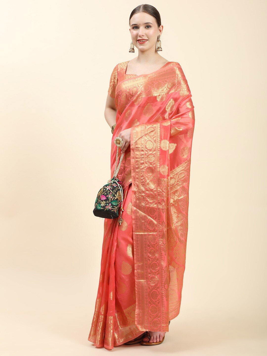 

Vilochan Woven Design Banarasi Organza Silk Saree With Zari Boarder, Rose