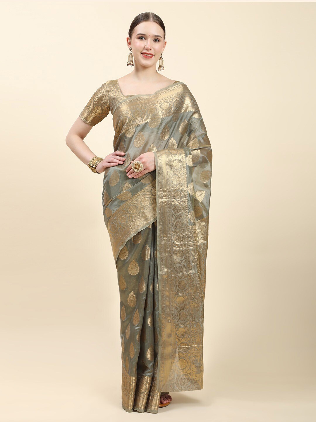 

Vilochan Ethnic Motifs Woven Design Zari Organza Banarasi Saree, Grey