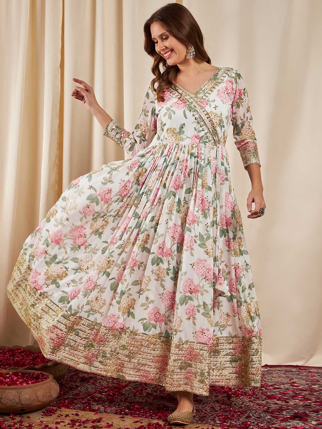 

BLACK SCISSOR Floral Printed Sequinned Detailed Maxi Ethnic Dress, White