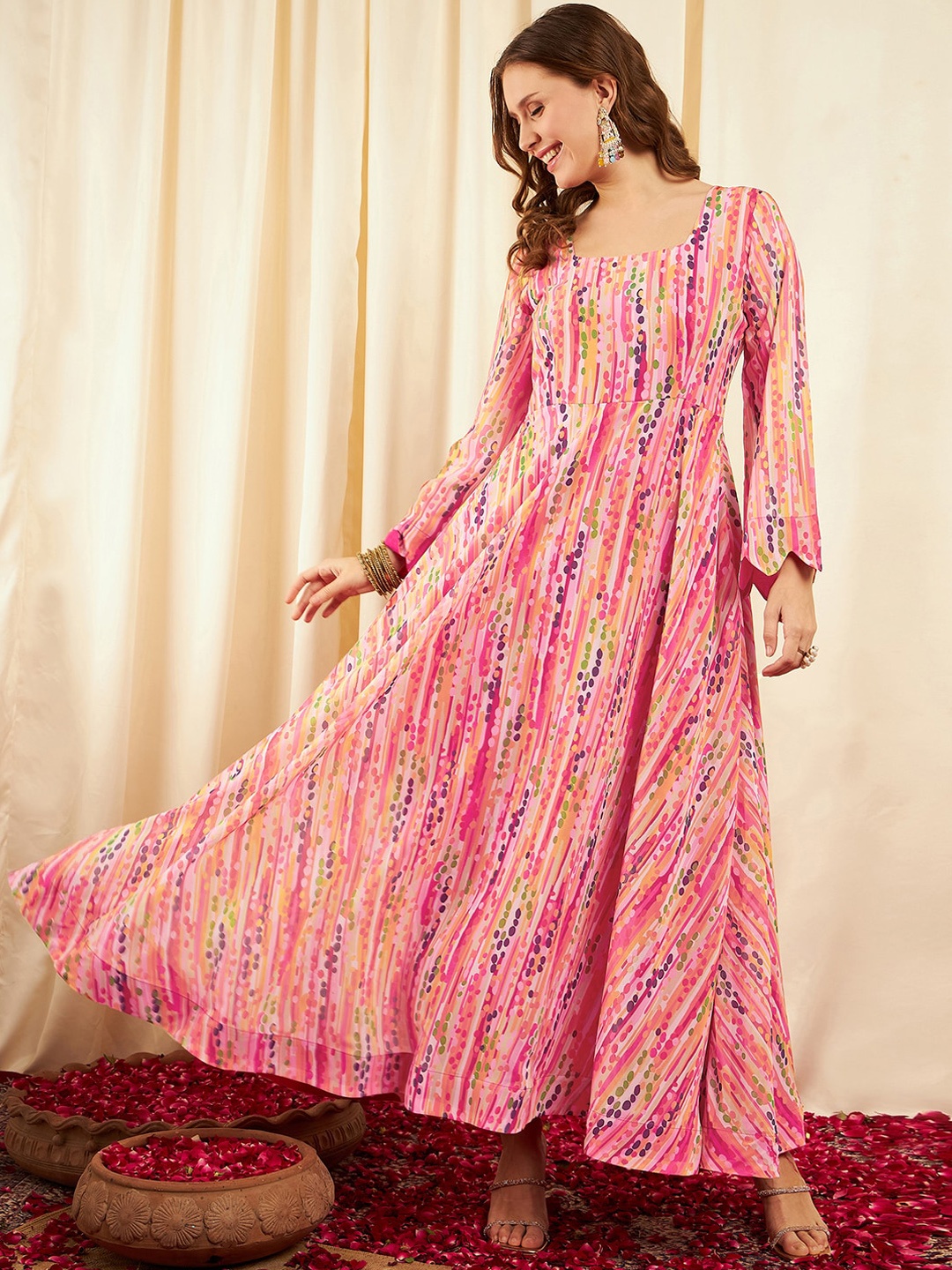 

BLACK SCISSOR Printed Fit & Flare Georgette Ethnic Maxi Dress, Pink