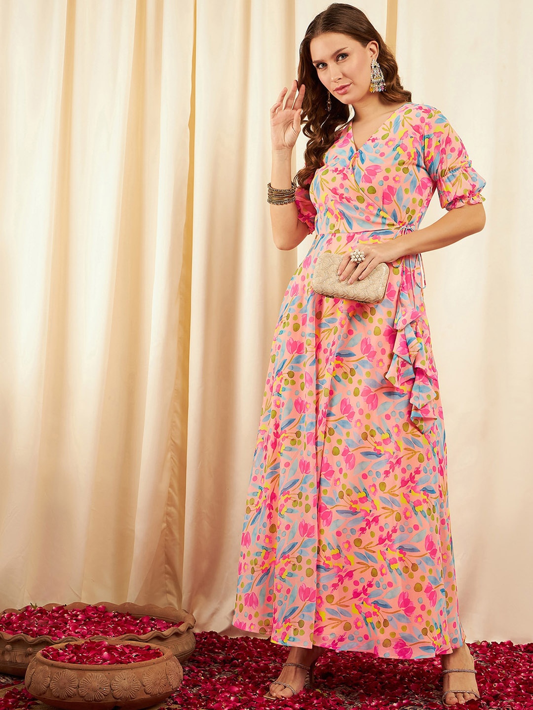 

BLACK SCISSOR Floral Printed Georgette Maxi Wrap Ethnic Dress, Peach