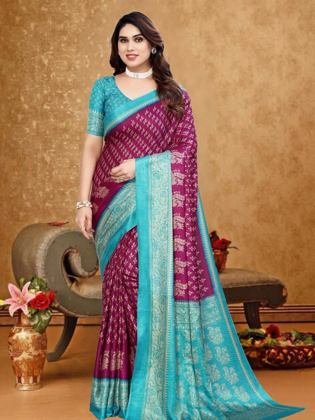 

MAGMINA Ethnic Motifs Printed Banarasi Saree, Turquoise blue
