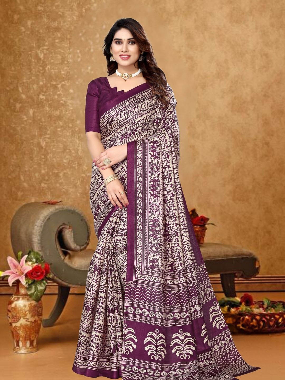 

MAGMINA Warli Printed Bhagalpuri Saree, Purple