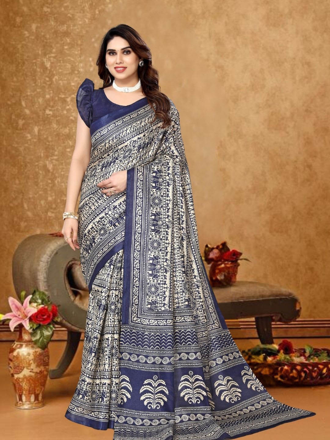 

MAGMINA Warli Printed Bhagalpuri Saree, Navy blue