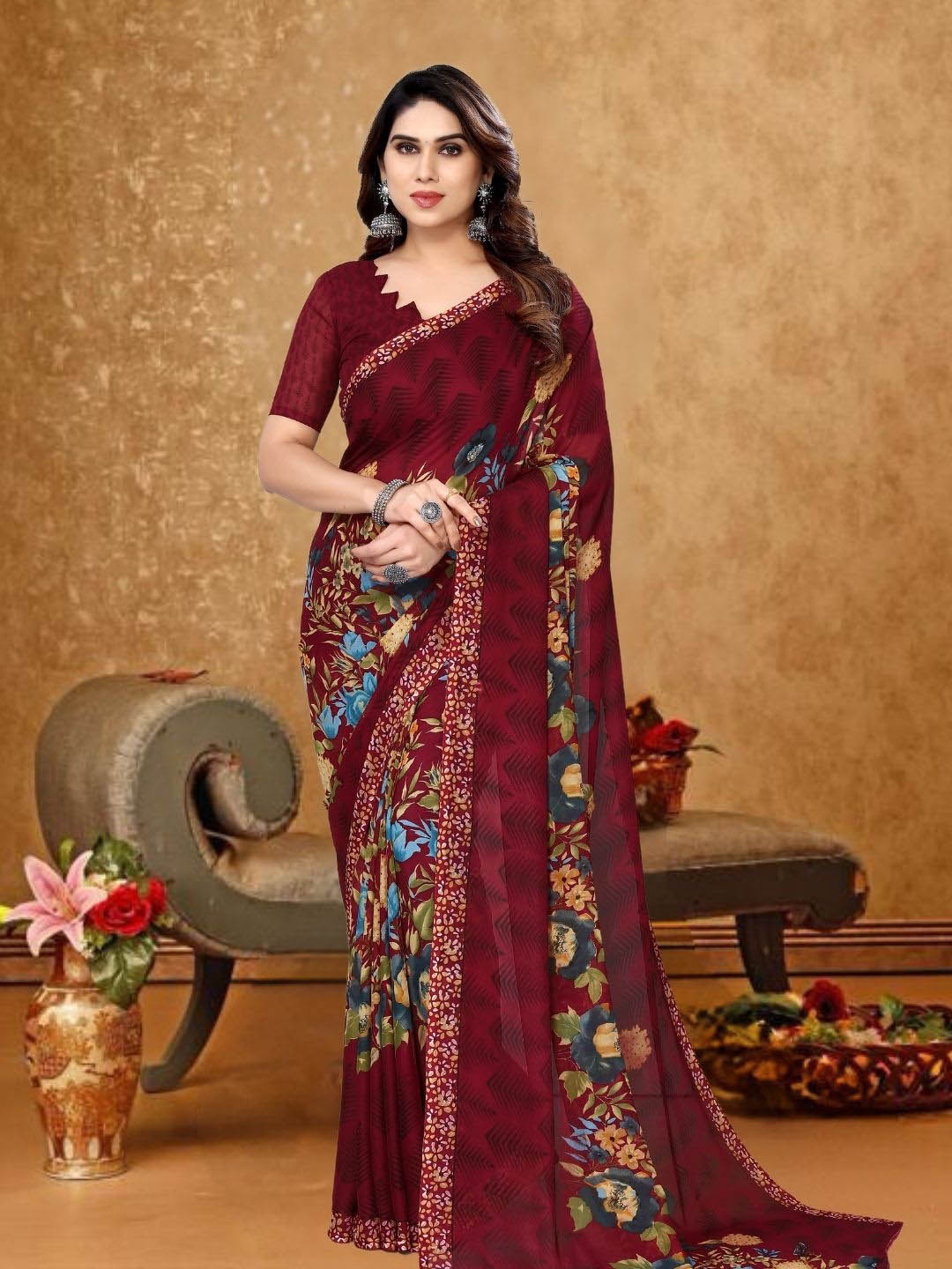 

MAGMINA Floral Printed Pure Georgette Banarasi Saree, Maroon