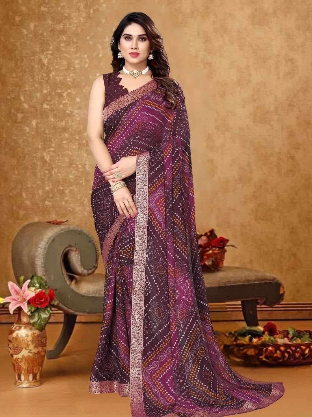 

MAGMINA Bandhani Printed Zari Pure Georgette Banarasi Saree, Purple