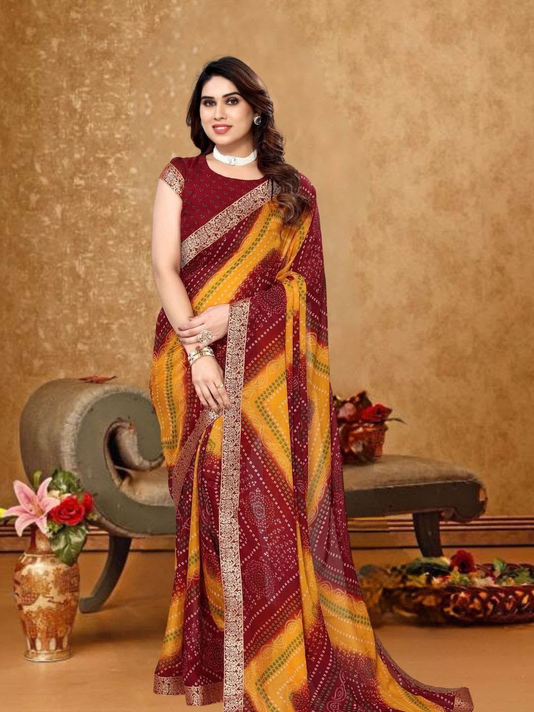 

MAGMINA Bandhani Printed Zari Pure Georgette Banarasi Saree, Maroon
