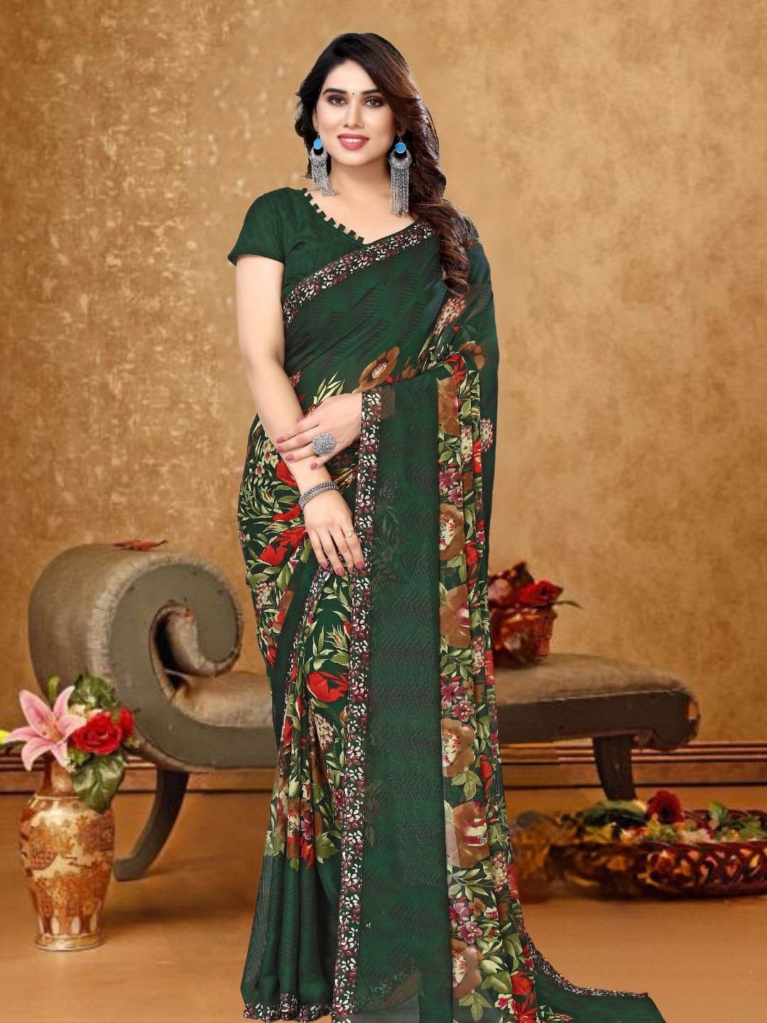 

MAGMINA Floral Printed Pure Georgette Banarasi Saree, Green