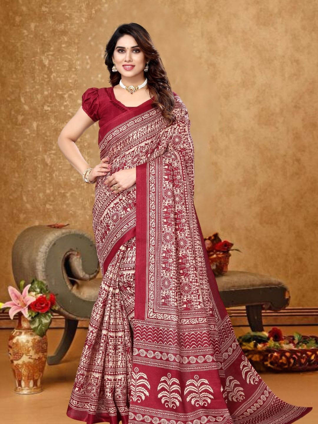 

MAGMINA Warli Printed Bhagalpuri Saree, Maroon