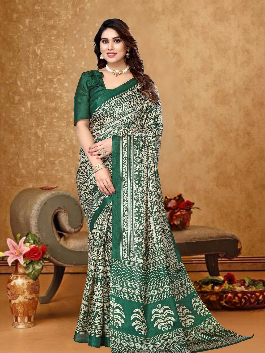 

MAGMINA Warli Printed Bhagalpuri Saree, Green