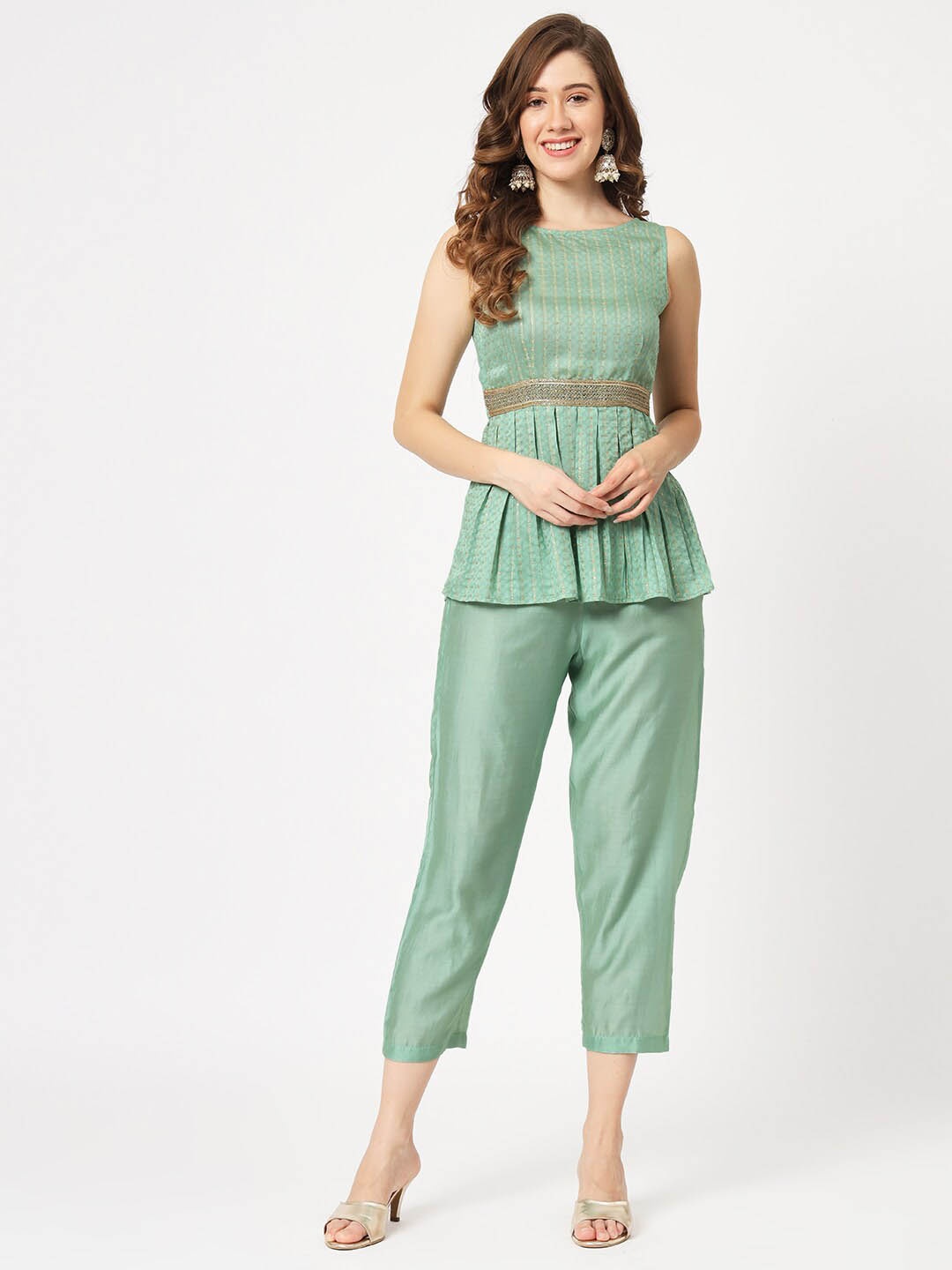 

Pannkh Embellished Round Neck Top With Trouser, Green