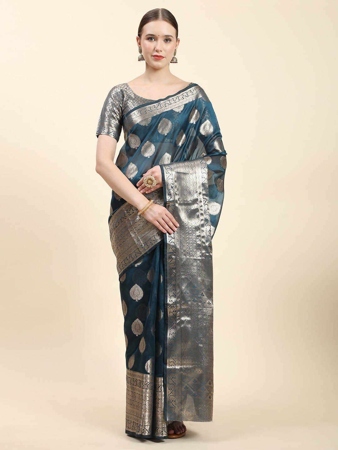 

Vilochan Ethnic Motifs Woven Design Zari Organza Banarasi Saree, Blue