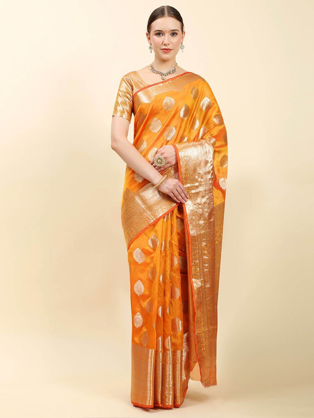 

Vilochan Ethnic Motifs Woven Design Zari Organza Banarasi Saree, Orange