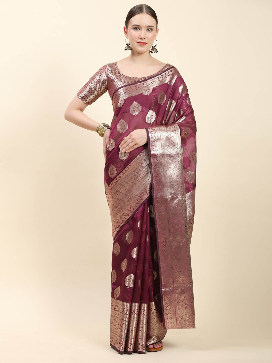 

Vilochan Ethnic Motifs Woven Design Zari Organza Banarasi Saree, Magenta