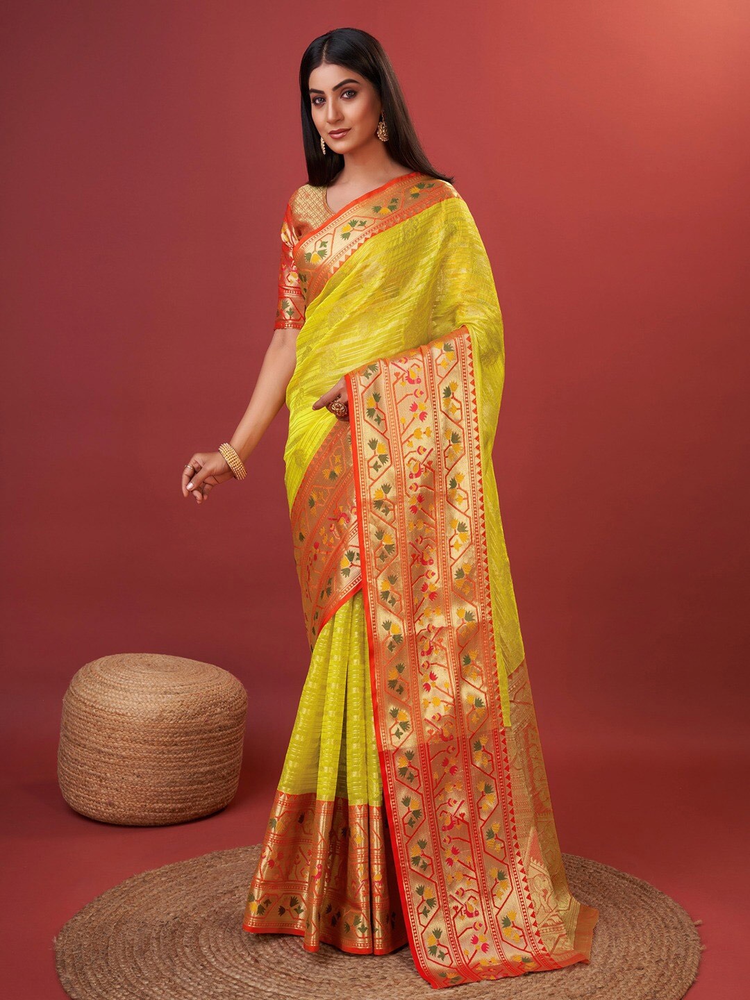 

Vilochan Ethnic Motifs Woven Design Zari Art Silk Banarasi Saree, Yellow