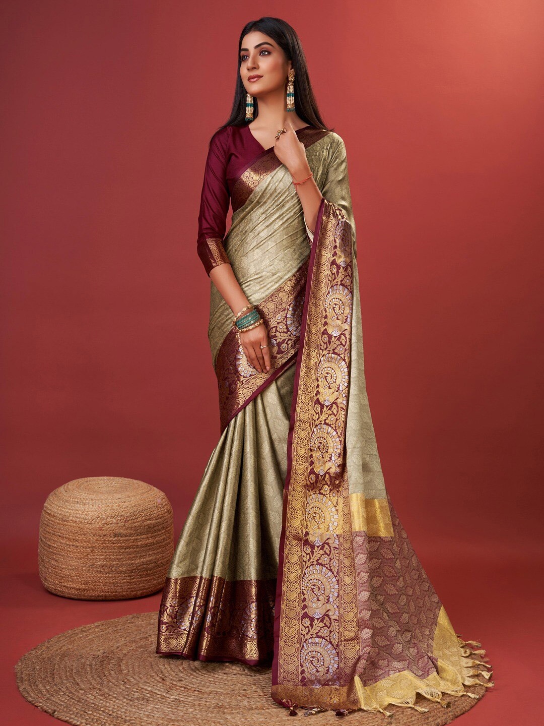 

Vilochan Ethnic Motifs Woven Design Zari Silk Cotton Designer Banarasi Saree, Beige