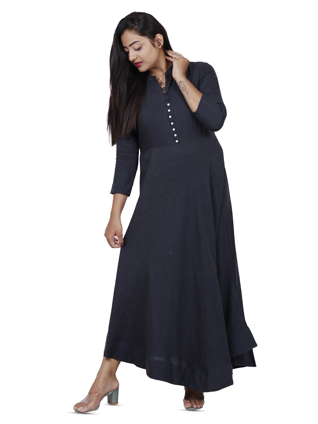 

NAVGYA Mandarin Collar Maxi Dress, Grey
