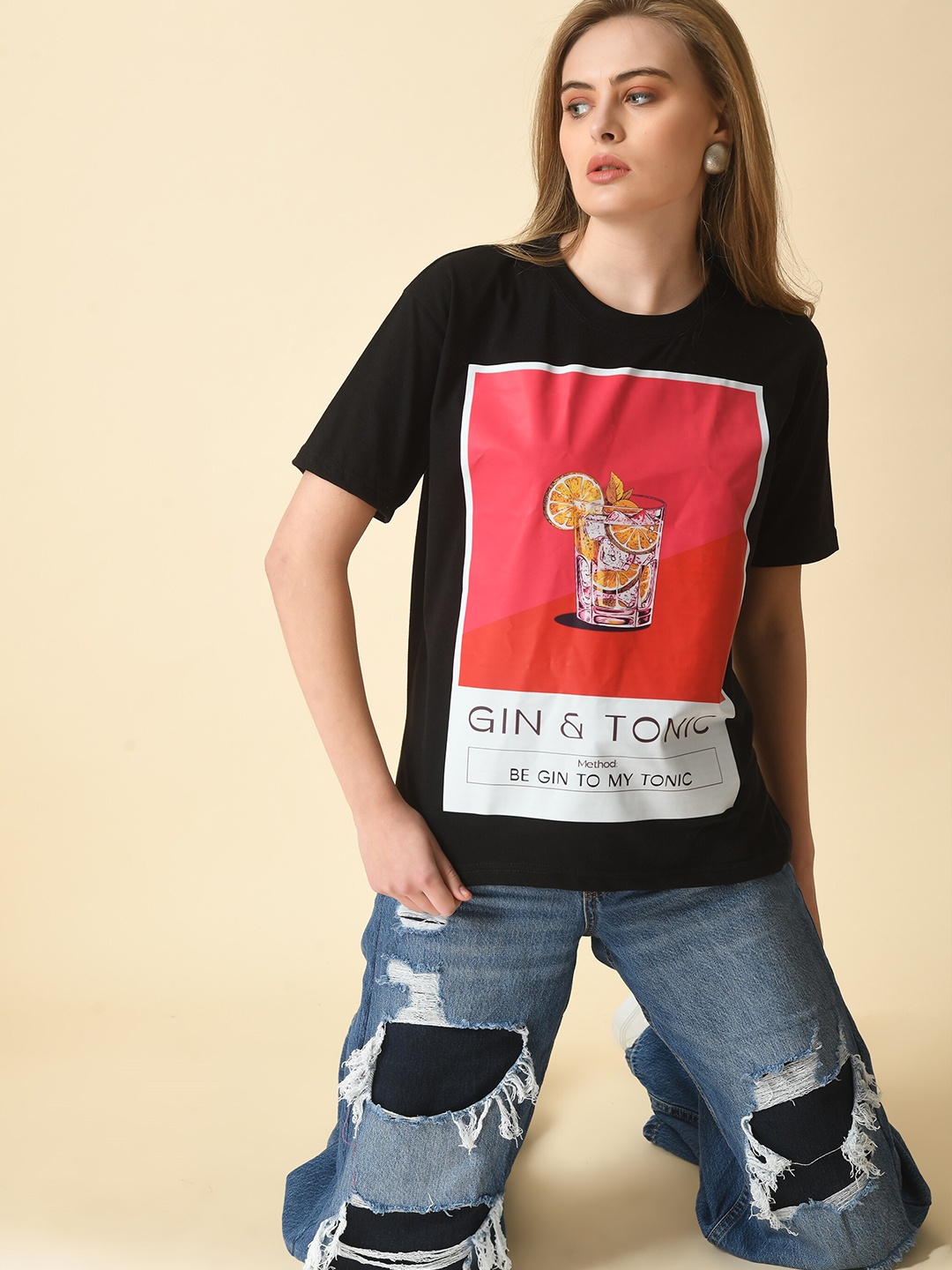 

HERE&NOW Graphic Printed Cotton T-shirt, Black
