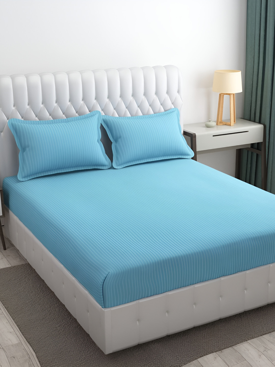 

RRC Turquoise Blue Striped Microfiber Cotton 210 TC Queen Bedsheet With 2 Pillow Covers