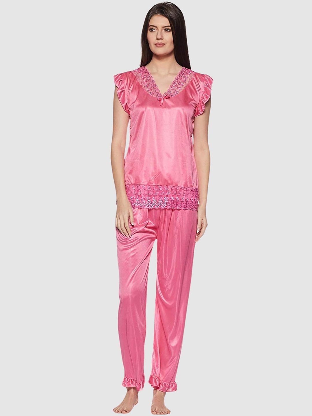 

Fabme Short Sleeves Satin Lace Night Suit, Pink