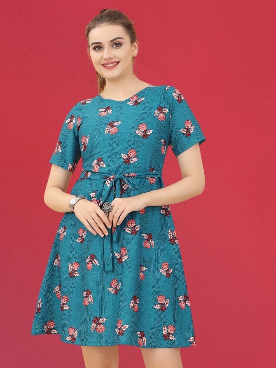 

MAGMINA Floral Printed V-Neck A-line Dress, Blue