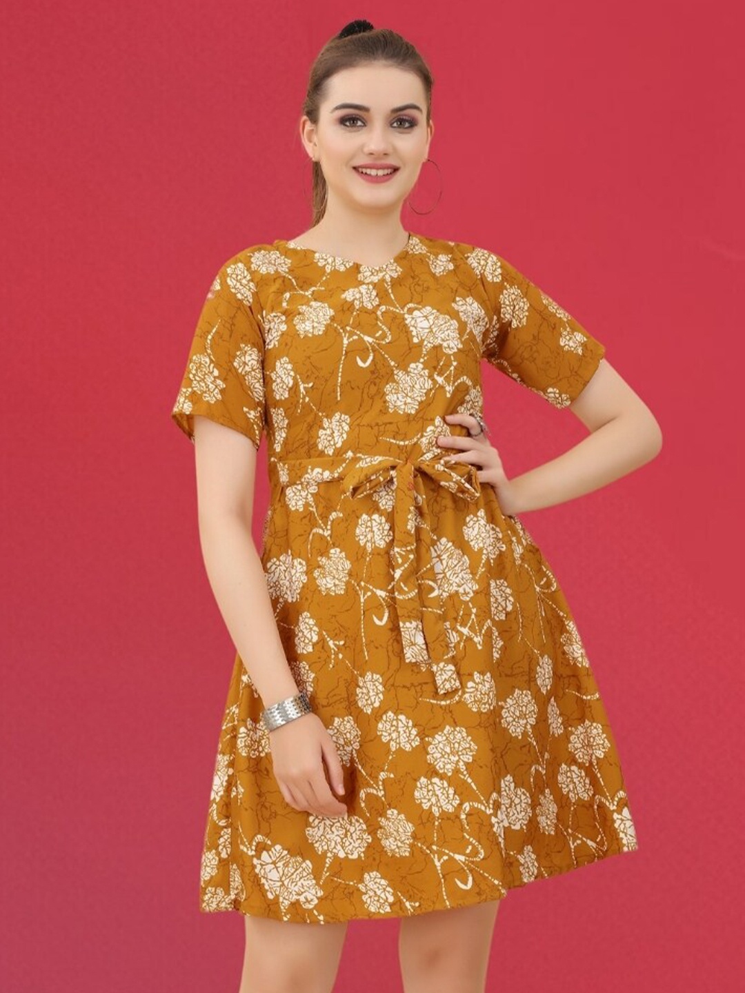

MAGMINA Floral Printed V-Neck A-line Dress, Yellow