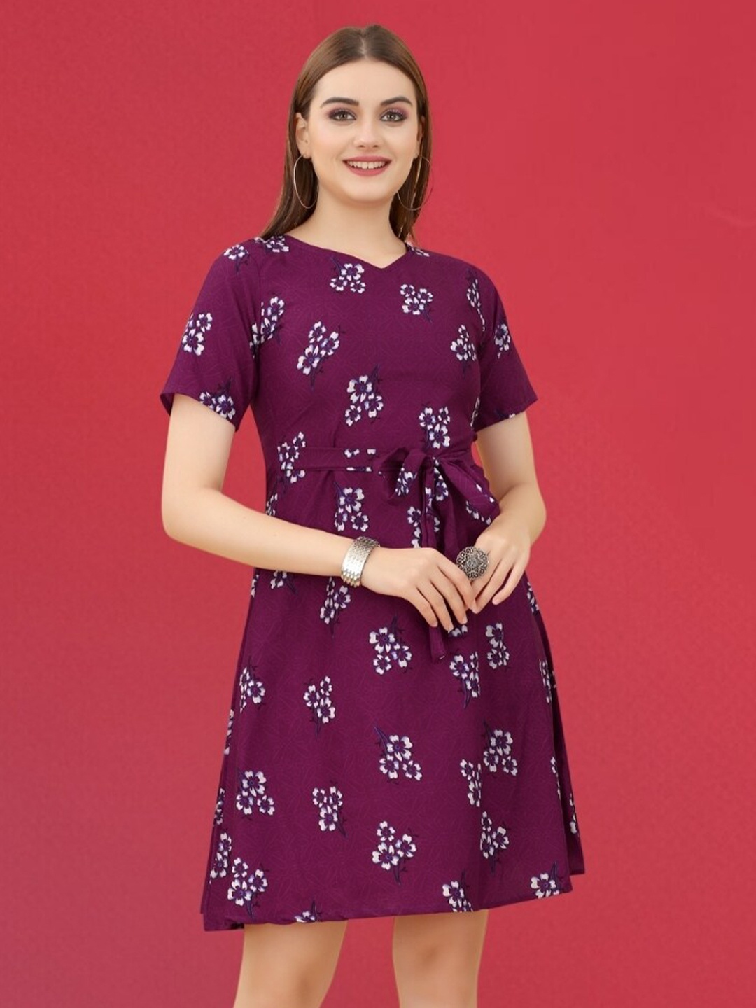 

MAGMINA Floral Printed V-Neck A-line Dress, Purple