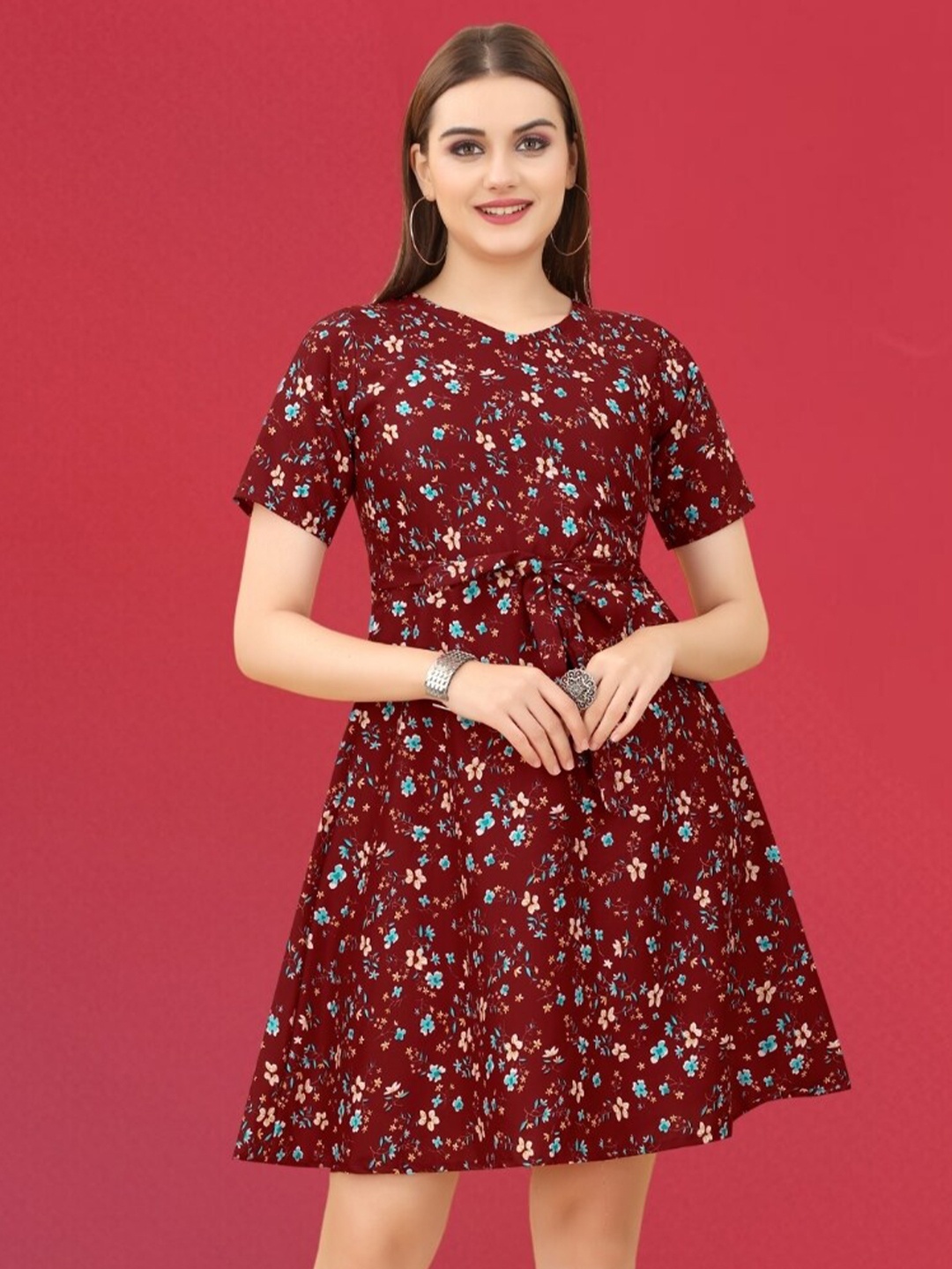 

MAGMINA Floral Printed V-Neck A-line Dress, Maroon