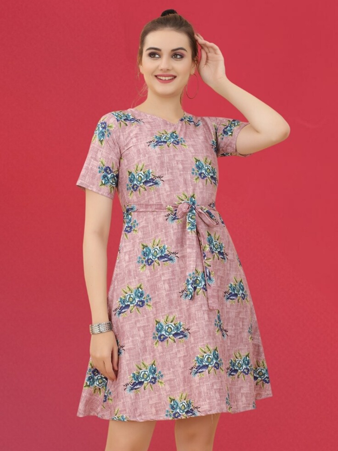 

MAGMINA Floral Printed A-Line Dress, Peach