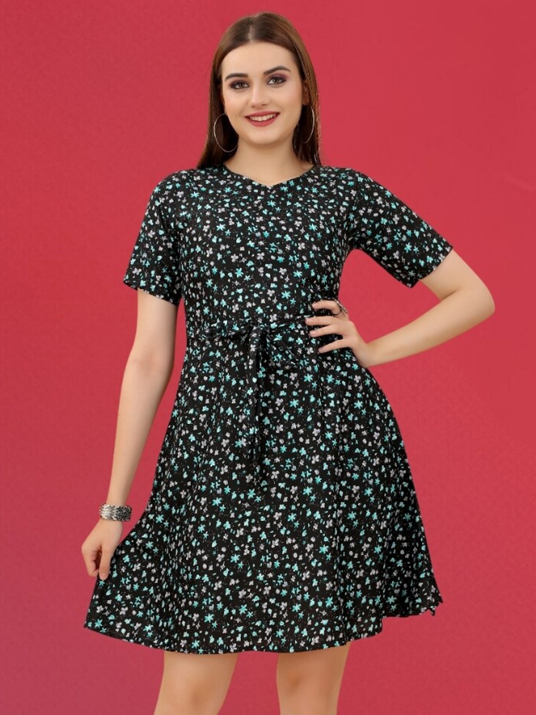 

MAGMINA Polka Dot Printed Crepe Fit & Flare Dress, Black
