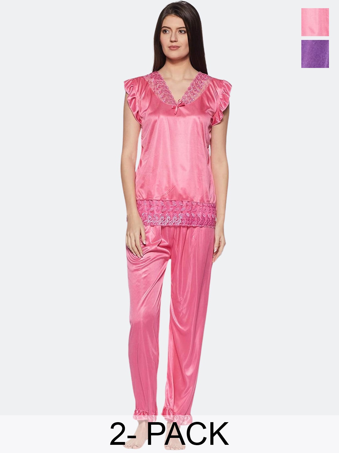 

Fabme Pack Of 2 Satin Lace Night Suit, Pink