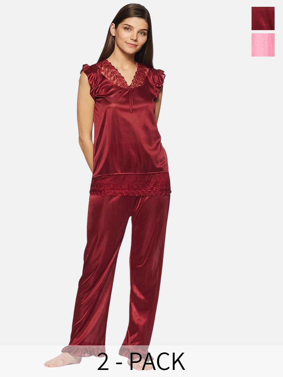 

Fabme Pack Of 2 Satin Lace Night Suit, Maroon