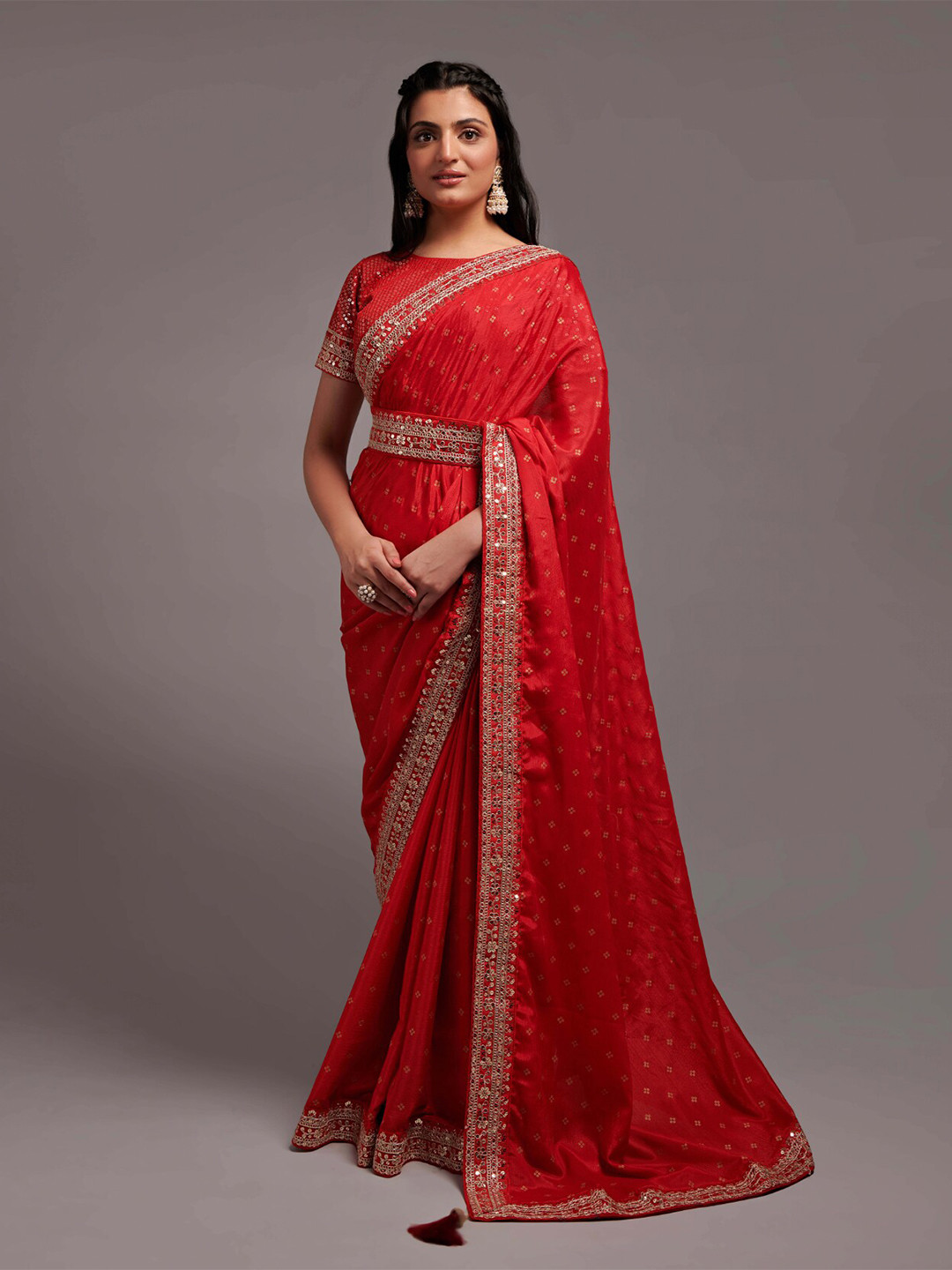 

Angroop Embroidered Silk Cotton Belted Saree, Red
