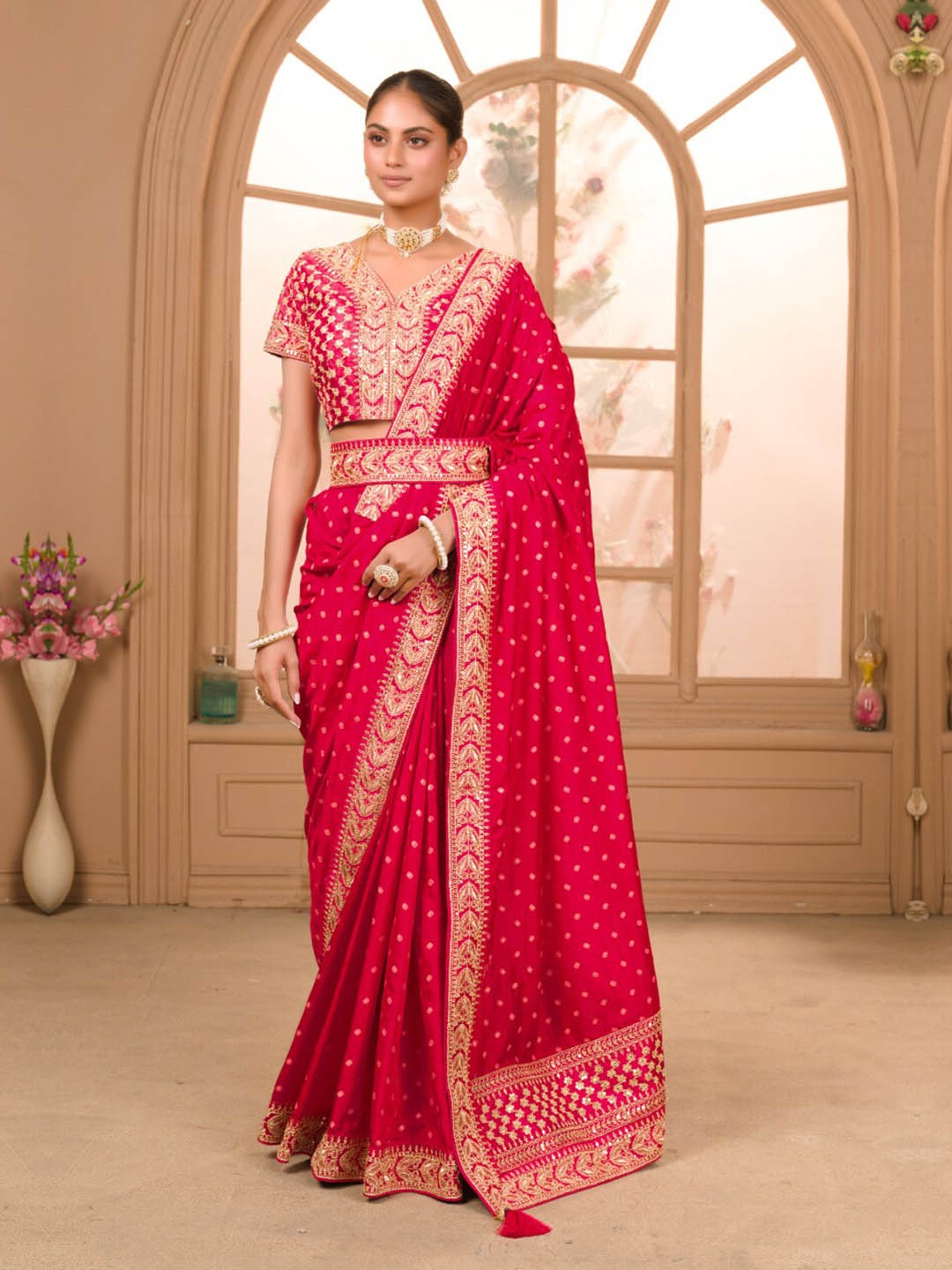 

Angroop Bandhani Embroidered Silk Cotton Saree, Pink