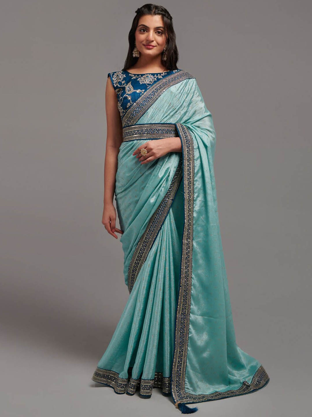 

Angroop Woven Design Embroidered Silk Cotton Belted Saree, Blue