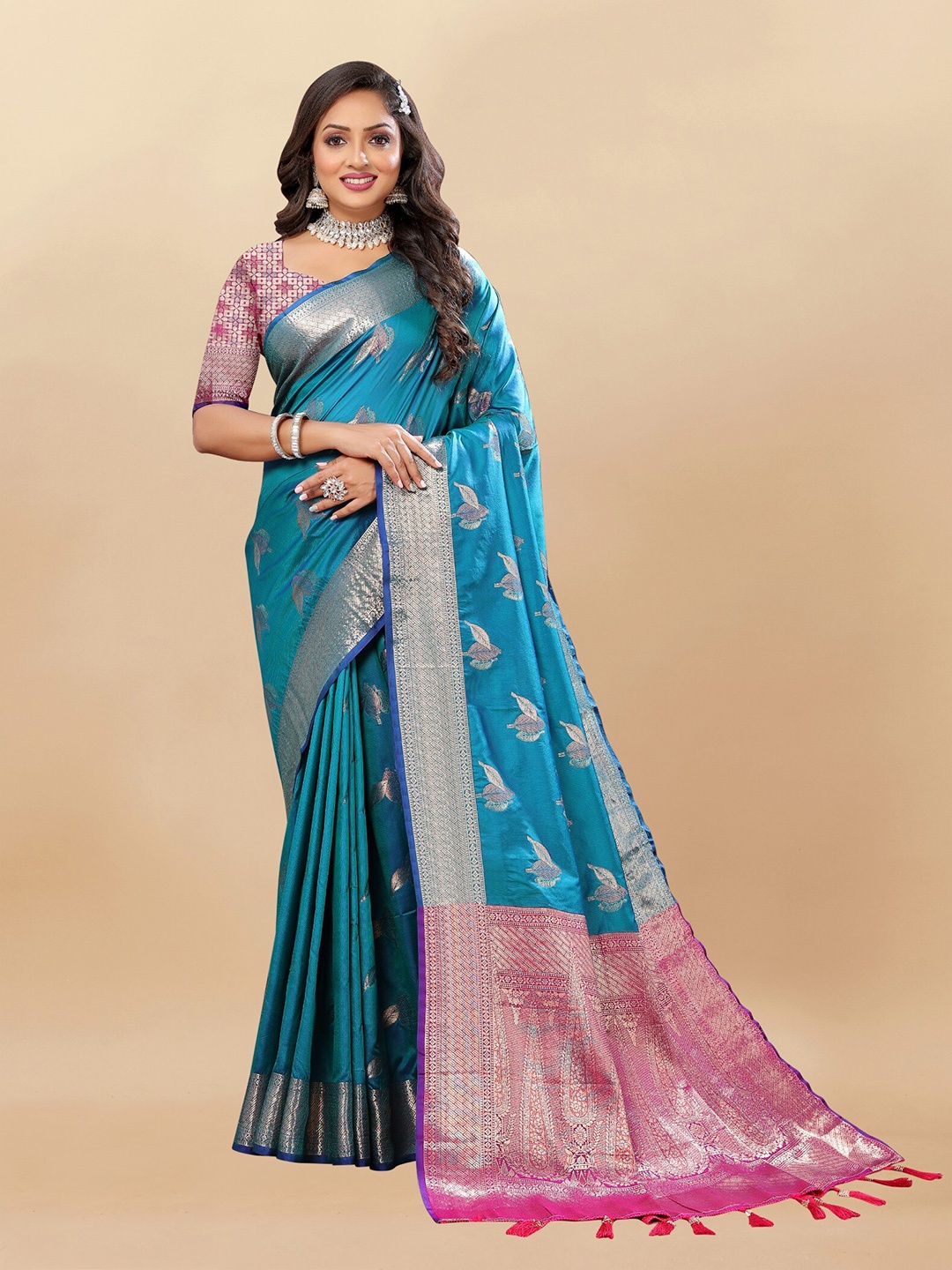 

DHANDAI FASHION Ethnic Motifs Woven Design Zari Banarasi Saree, Turquoise blue