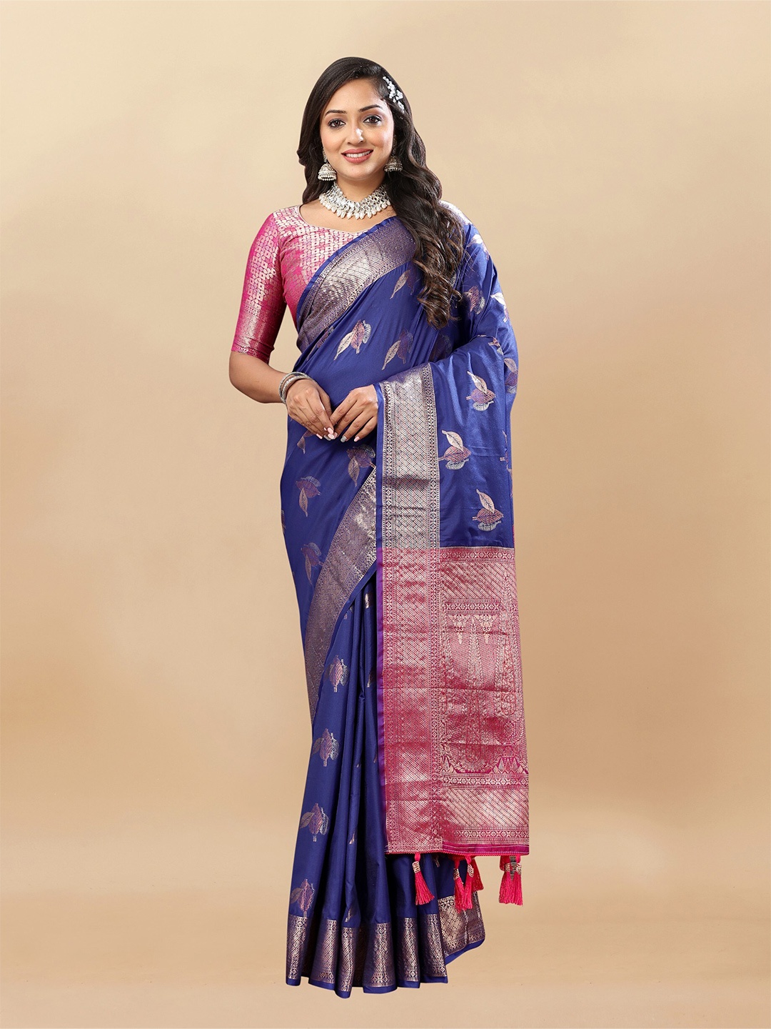 

DHANDAI FASHION Ethnic Motifs Woven Design Zari Banarasi Saree, Navy blue