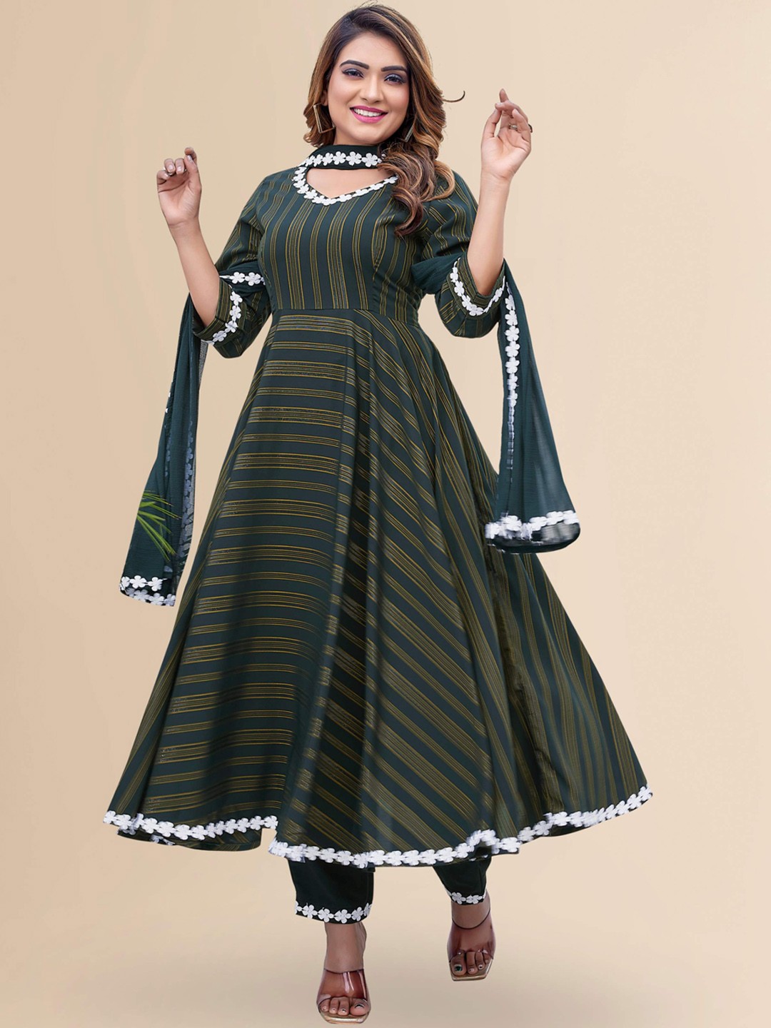 

TITANIUM SILK INDUSTRIES PVT. LTD. Striped Anarkali Kurta with Trouser & Dupatta, Green