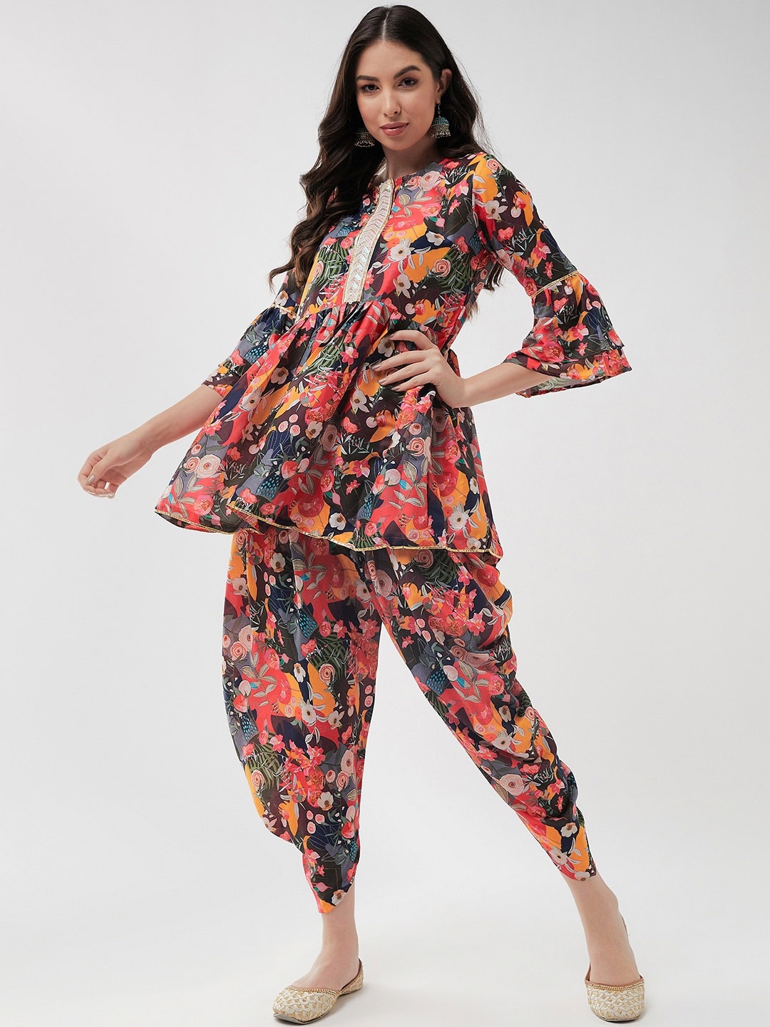 

Pannkh Floral Printed A-Line Kurta With Dhoti Pants, Brown