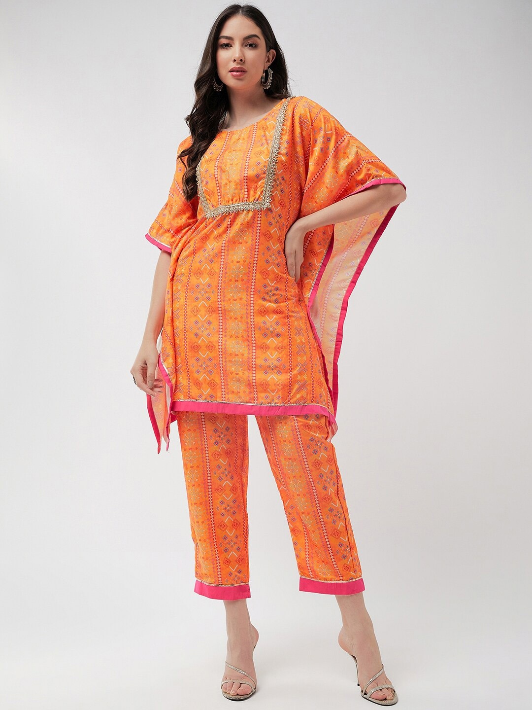 

Pannkh Geometric Printed Regular Gotta Patti Kaftan Kurta with Trousers, Orange